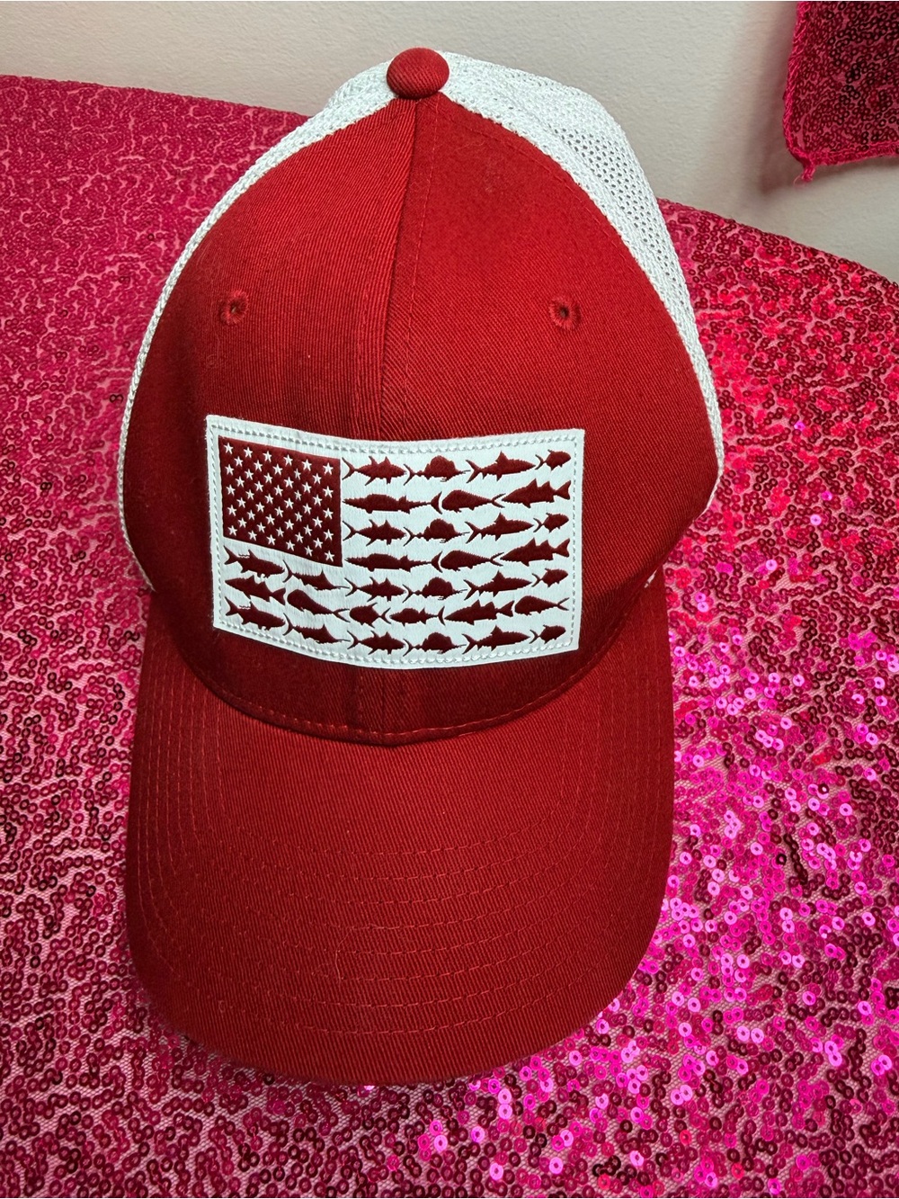 Columbia Red Trucker Cap with Fish Flag Patch - Brand Unspecified